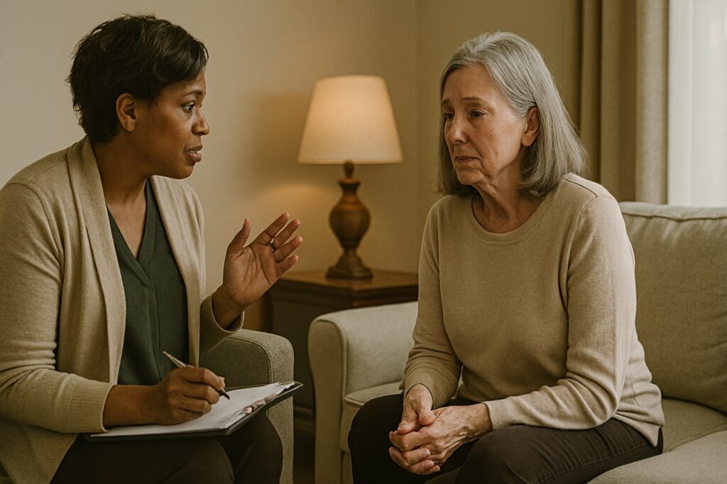 An elderly Caucasian woman sits in a warmly lit living room during a therapy session, speaking with a compassionate African-American female therapist. The natural light and minimalist setting highlight the emotional support and guidance central to making informed health coverage decisions under Medicare.