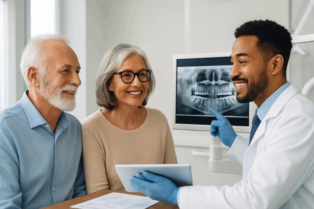 Senior couple at a dental clinic reviewing x-rays with a dentist, symbolizing blue cross blue shield dental for seniors in a modern, caring setting.