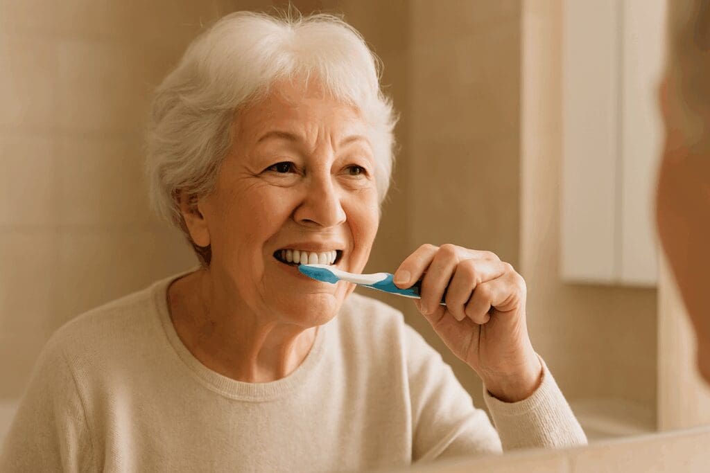 Elderly woman brushing her teeth in a warm, well-lit bathroom, promoting daily care and blue cross blue shield dental for seniors.