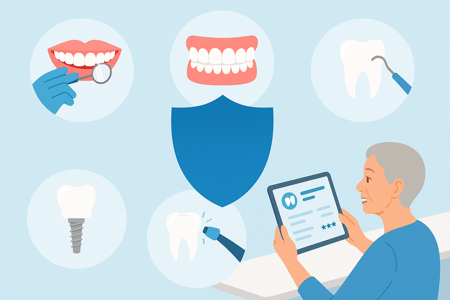 Shield icon surrounded by dental service illustrations—implants, dentures, check-ups—representing Blue Cross Blue Shield dental for seniors.