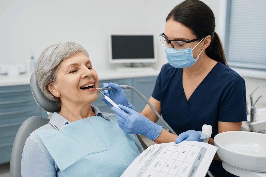 Senior woman receives preventive dental cleaning in a modern clinic, illustrating blue cross blue shield dental for seniors coverage benefits.