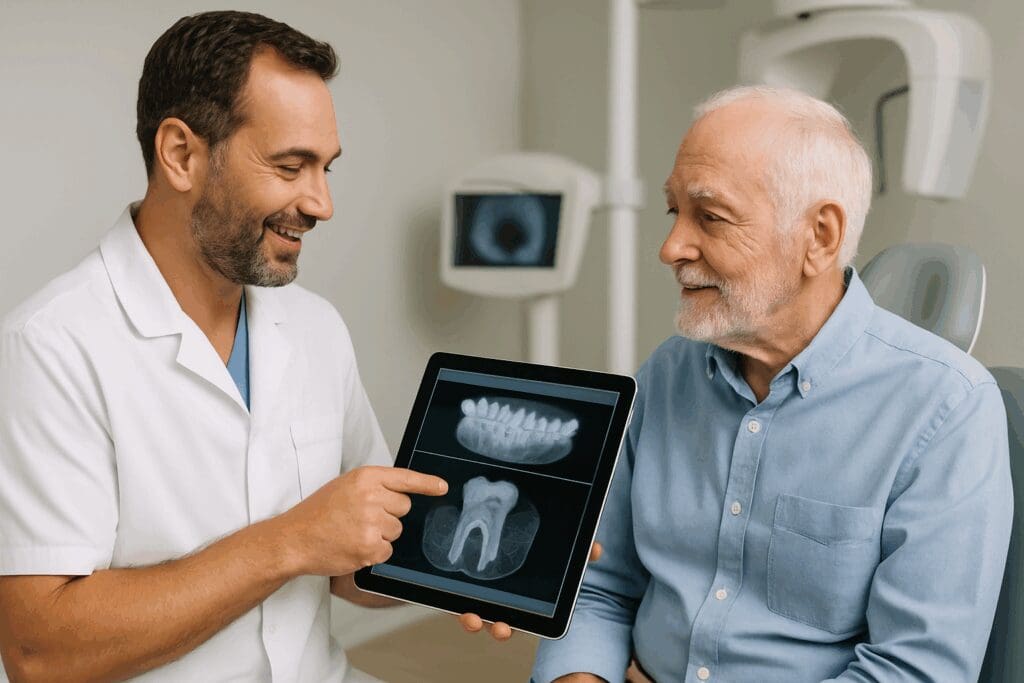 Dentist using tablet to explain 3D dental scans to senior patient, illustrating blue cross blue shield dental for seniors with modern technology.