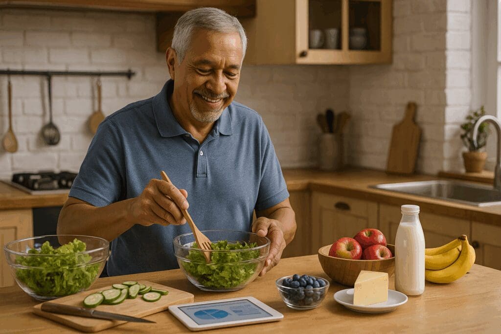 Senior man preparing a nutritious meal with greens, dairy, and fruits to support oral health, reflecting Blue Cross Blue Shield dental for seniors.