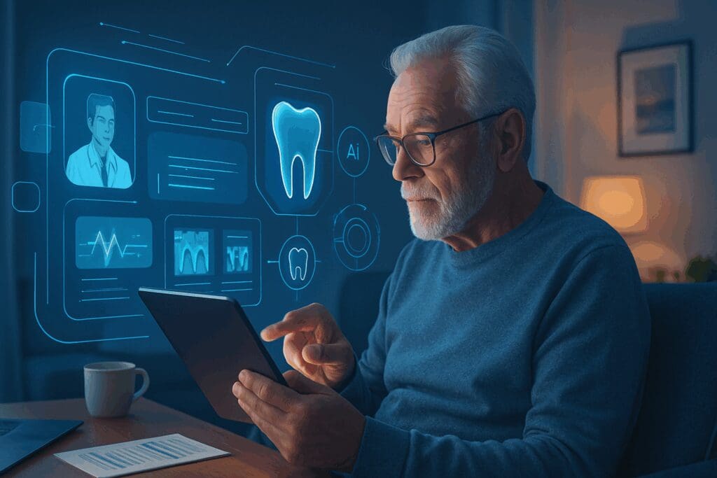 Senior man using a tablet at home with futuristic dental AI and tele-dentistry interface, symbolizing Blue Cross Blue Shield dental for seniors.