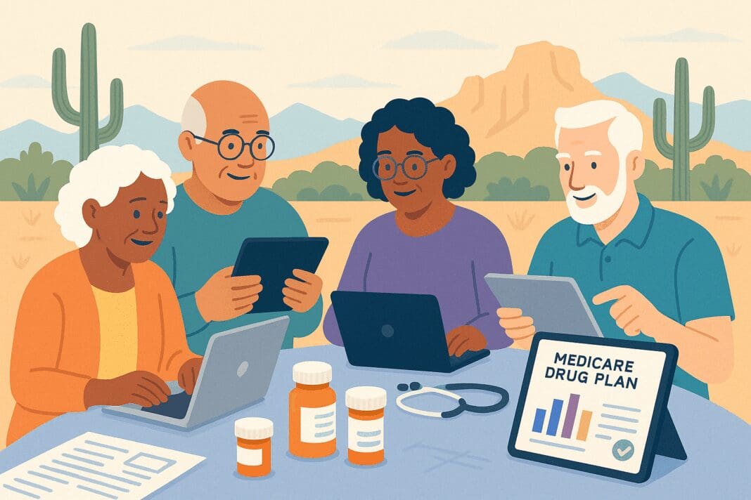 Diverse seniors in Arizona using laptops and tablets to compare the best Medicare prescription drug plans 2024 with charts and medication bottles.