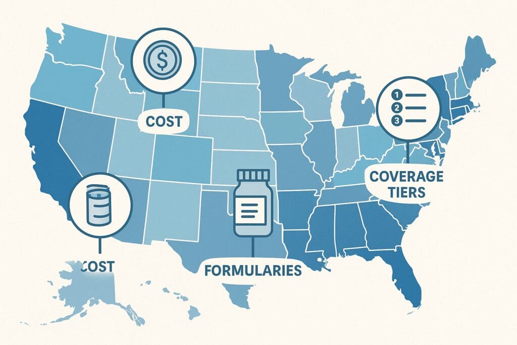 U.S. map showing regional variations in cost, formularies, coverage tiers, and networks for best Medicare prescription drug plans 2024