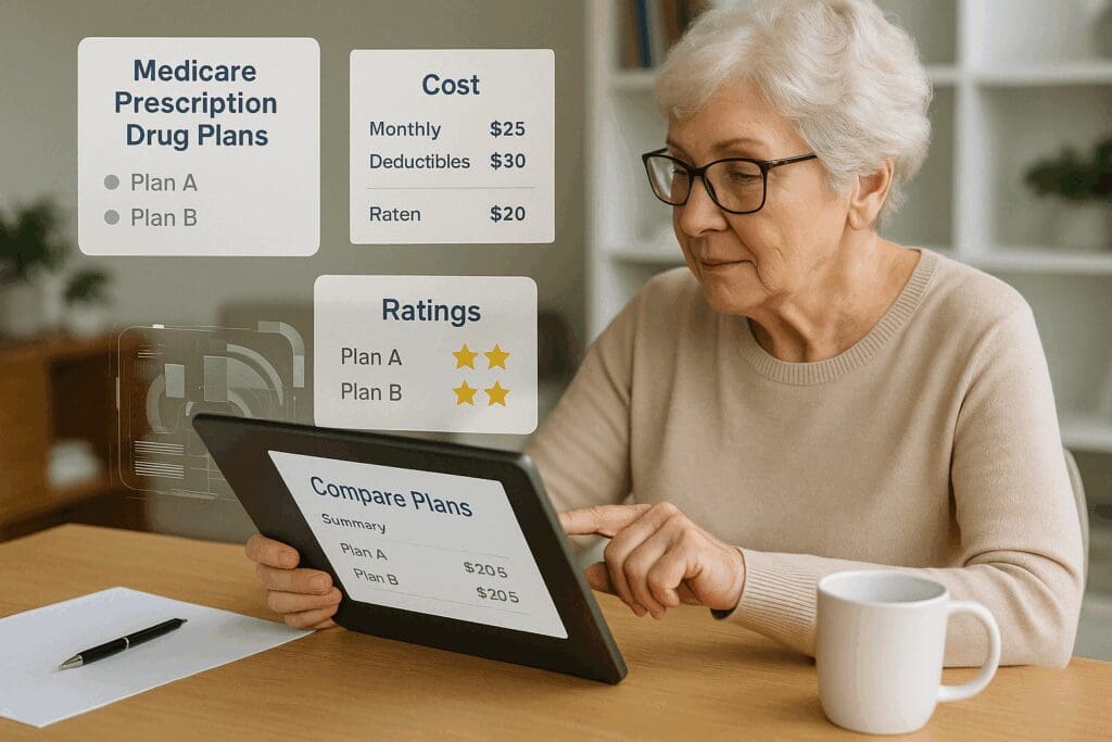 Senior woman comparing the best Medicare prescription drug plans 2024 on a tablet with plan costs, ratings, and summaries displayed.