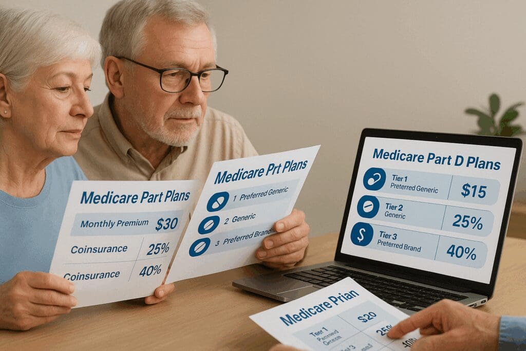 Senior couple compares tiered drug coverage and costs on paper and screen to choose the best Medicare prescription drug plans 2024.