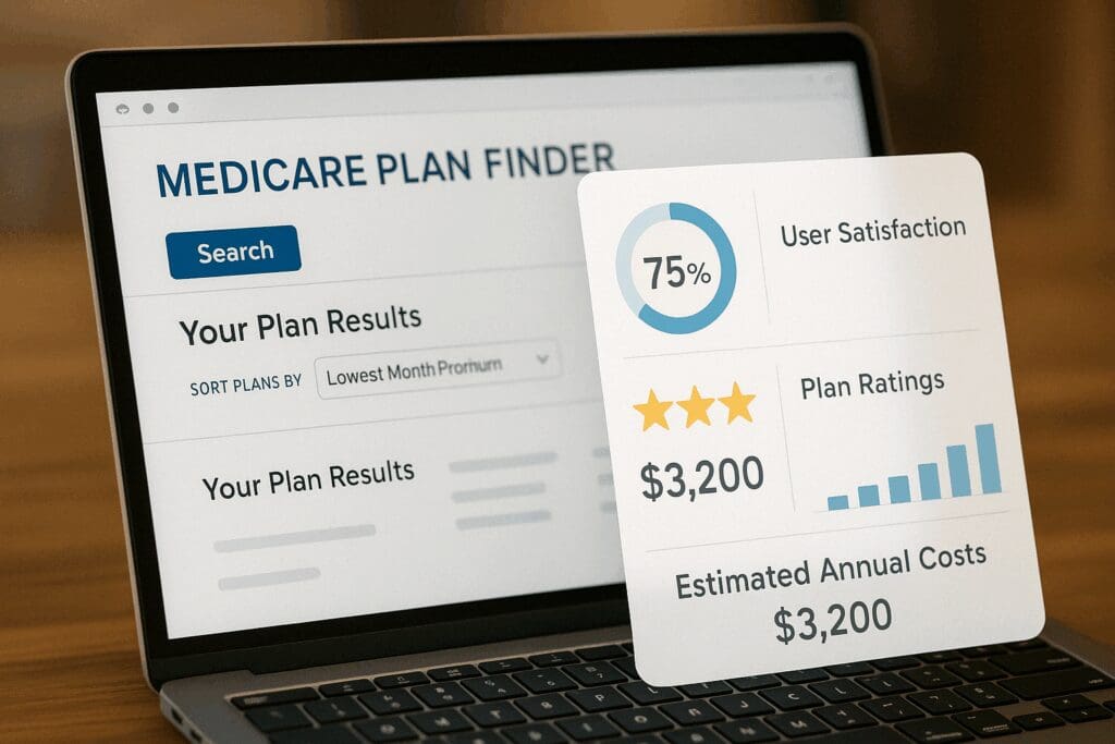 Laptop displaying Medicare Plan Finder with charts showing satisfaction, ratings, and cost for best Medicare prescription drug plans 2024.