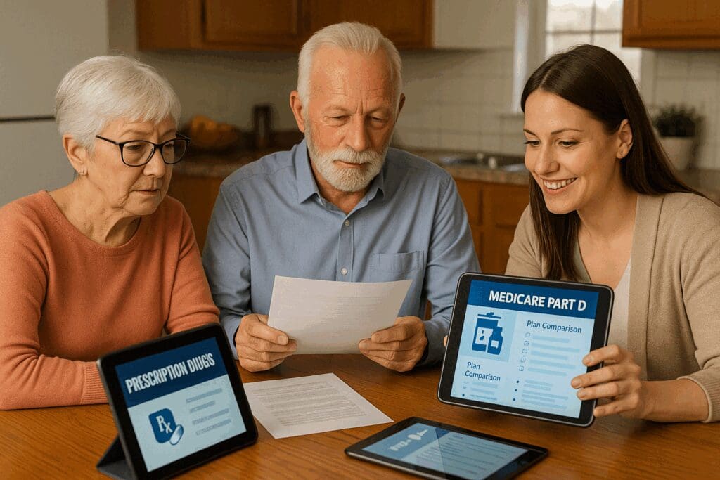 Counselor helping senior couple compare best Medicare prescription drug plans 2024 using tablets and paperwork at a kitchen table.