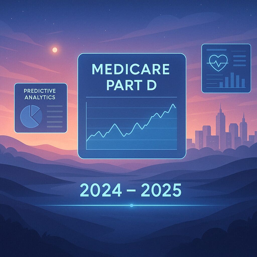 Futuristic chart visualizing trends in the best Medicare prescription drug plans 2024 with analytics and a 2024–2025 timeline.