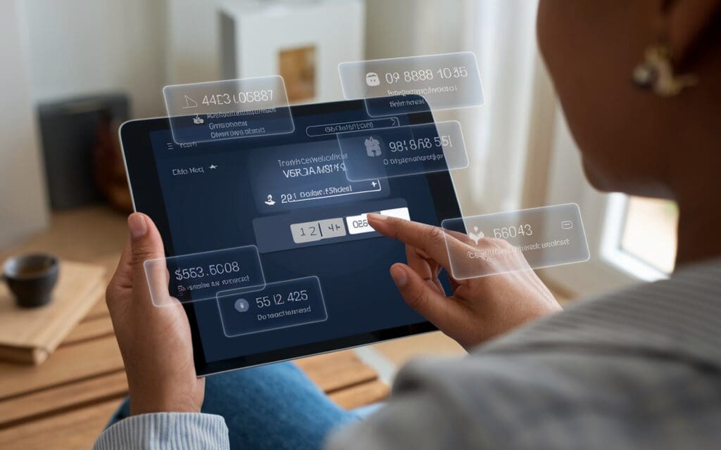 Caregiver using tablet to access VA caregiver stipend calculator by zip code in a bright living room.