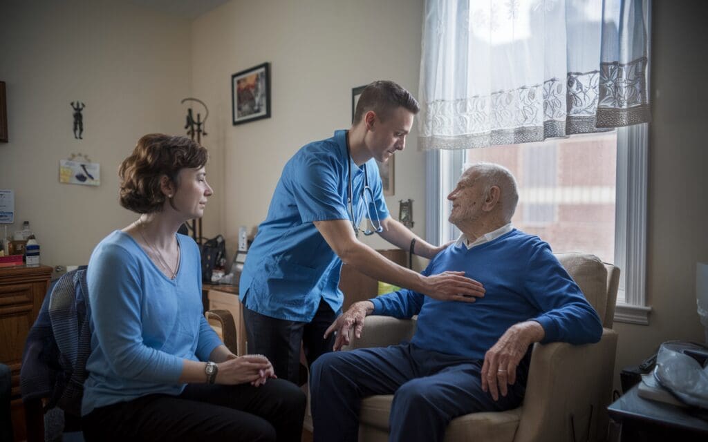 Home healthcare visit with VA assessment team reviewing eligibility for caregiver stipend calculator use.