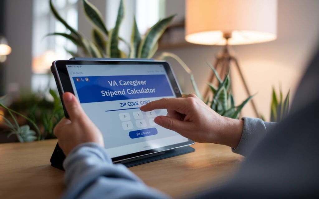 Person entering zip code into VA caregiver stipend calculator on tablet at home with indoor plants nearby.