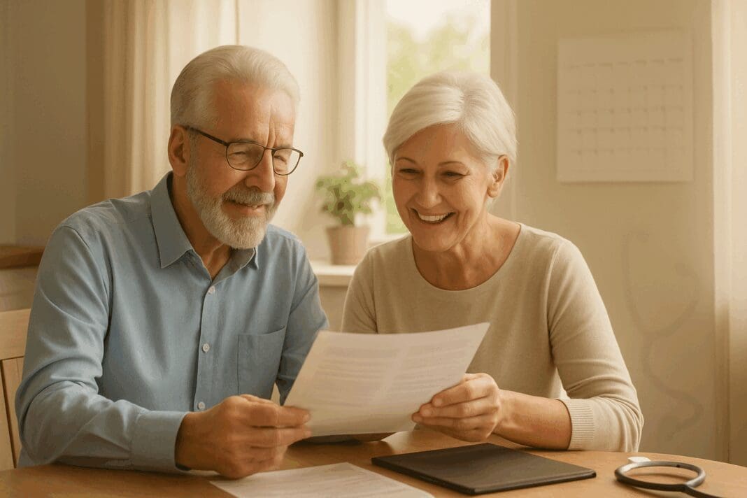 Senior couple reviewing healthcare documents at home, representing how to switch back to original medicare with confidence and clarity.