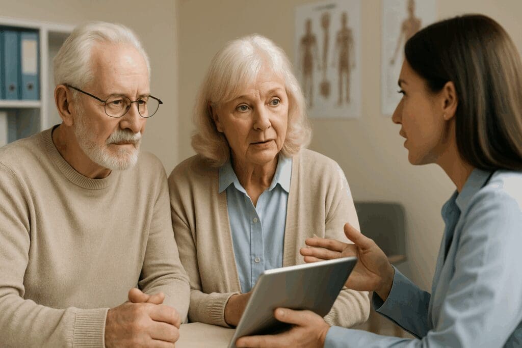 Senior couple meeting with a healthcare advisor reviewing plan options on a tablet, illustrating how to switch back to original medicare.