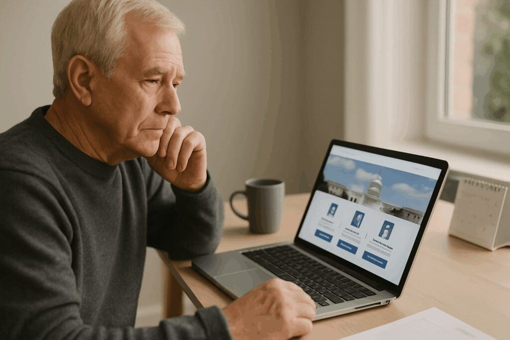 Senior man browsing healthcare website with calendar and coffee mug nearby, researching how to switch back to original Medicare.
