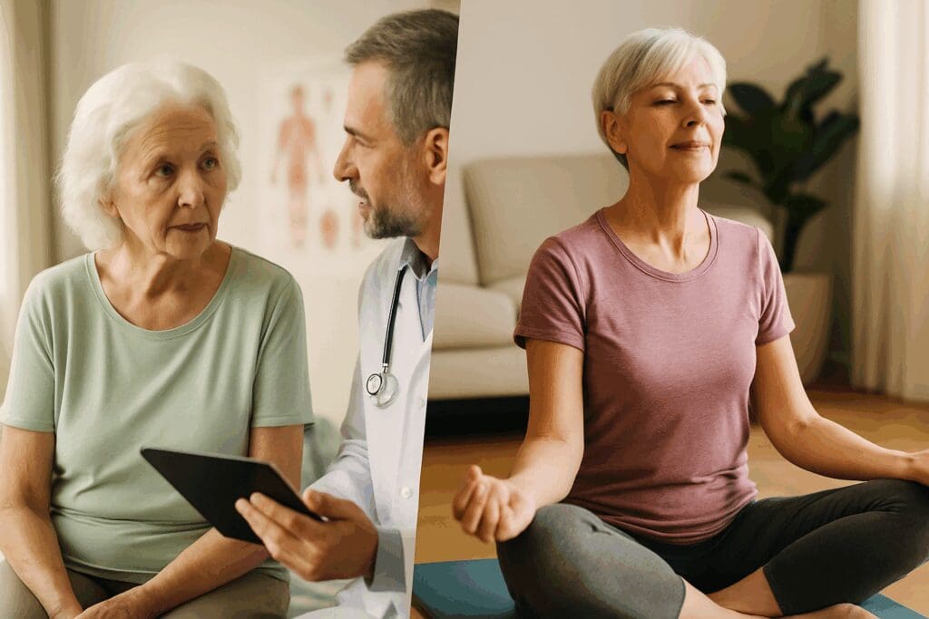 Split-screen of senior in hospital consult and another doing yoga, symbolizing choice in how to switch back to original Medicare.