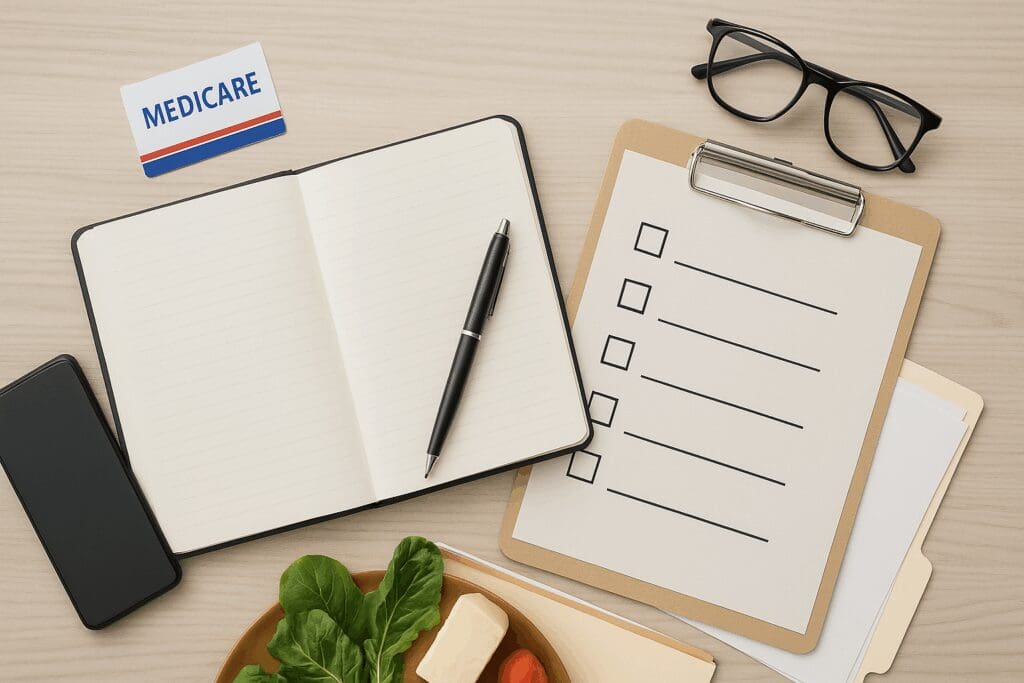 Organized workspace with Medicare card, planner, checklist, and phone showing how to switch back to original Medicare efficiently.