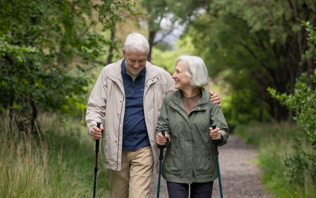 Elderly couple walking in nature with trekking poles, showing how to take care of yourself as you age.