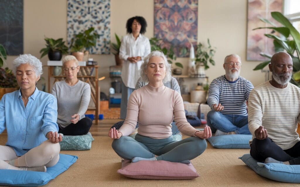 Group of older adults meditating together as part of how to take care of yourself as you age.