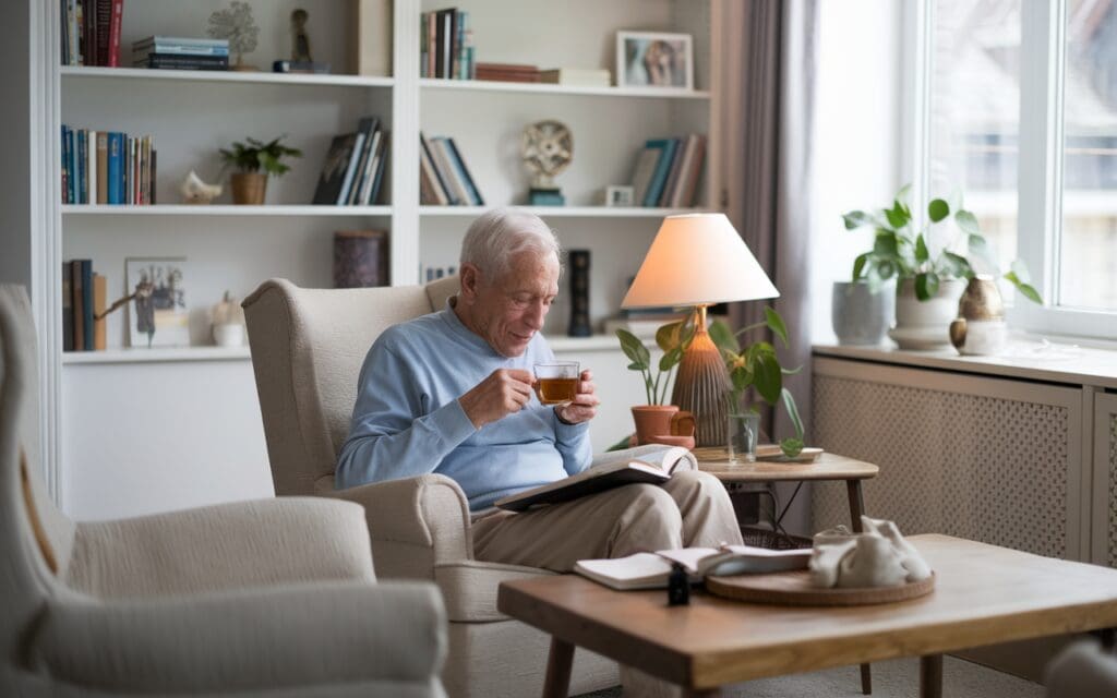 Senior man journaling with tea in a cozy room, reflecting how to take care of yourself as you age.