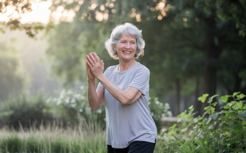 Happy older woman doing tai chi outside, illustrating how to take care of yourself as you age.