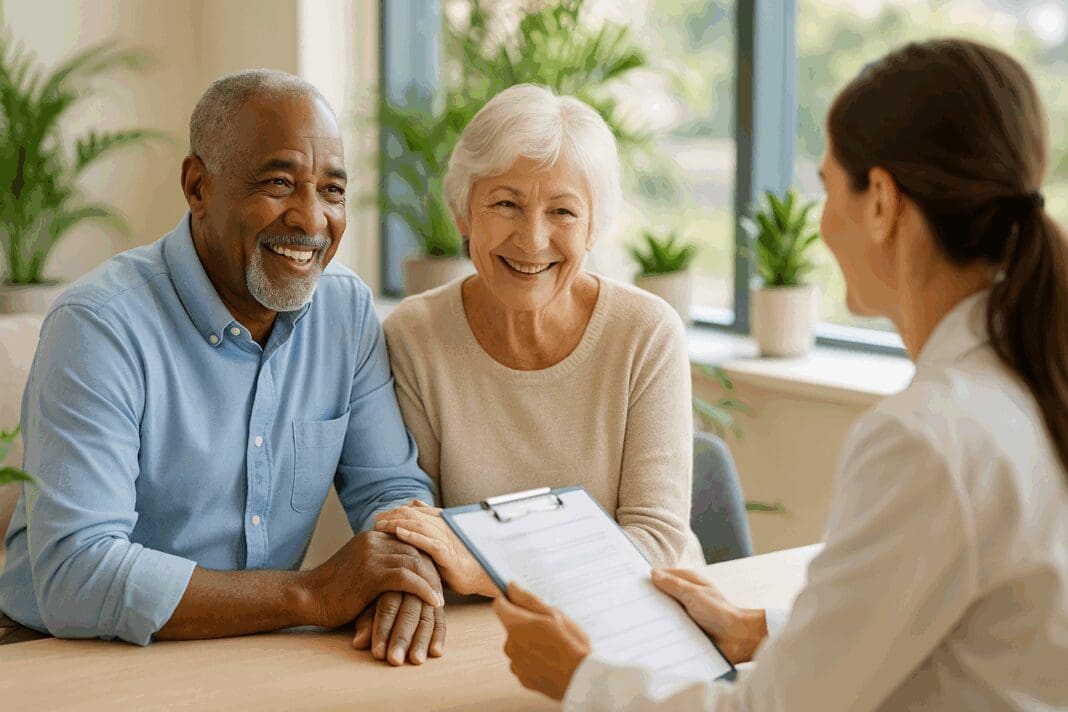 Smiling senior couple consulting with a healthcare provider in a sunny Florida medical office, discussing Florida Medicare Part B coverage options.