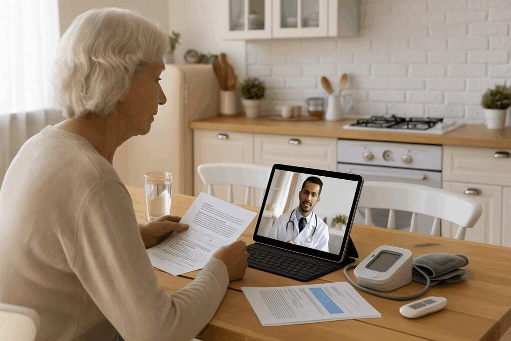 Senior woman using a tablet for a telehealth visit with medical documents and monitoring tools, representing Florida Medicare Part B services.