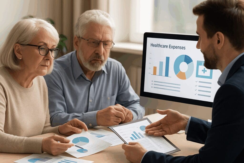 Senior couple meeting with advisor to review cost breakdowns and coverage options related to Florida Medicare Part B in a professional office.