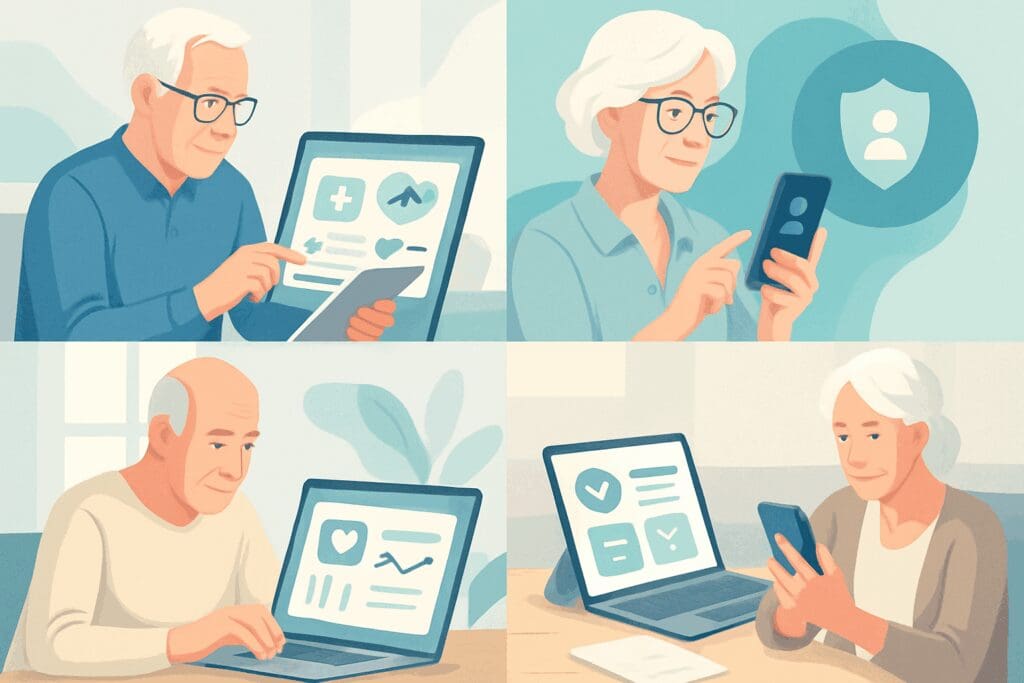 Collage of seniors using laptops, tablets, and phones to manage health data and plans from home, representing strategic use of Florida Medicare Part B.