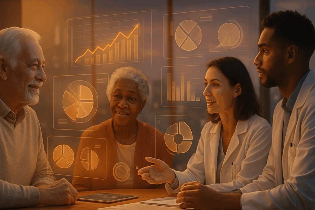 Seniors and healthcare providers reviewing predictive analytics on virtual dashboards to assess Florida Medicare Part B adjustments.