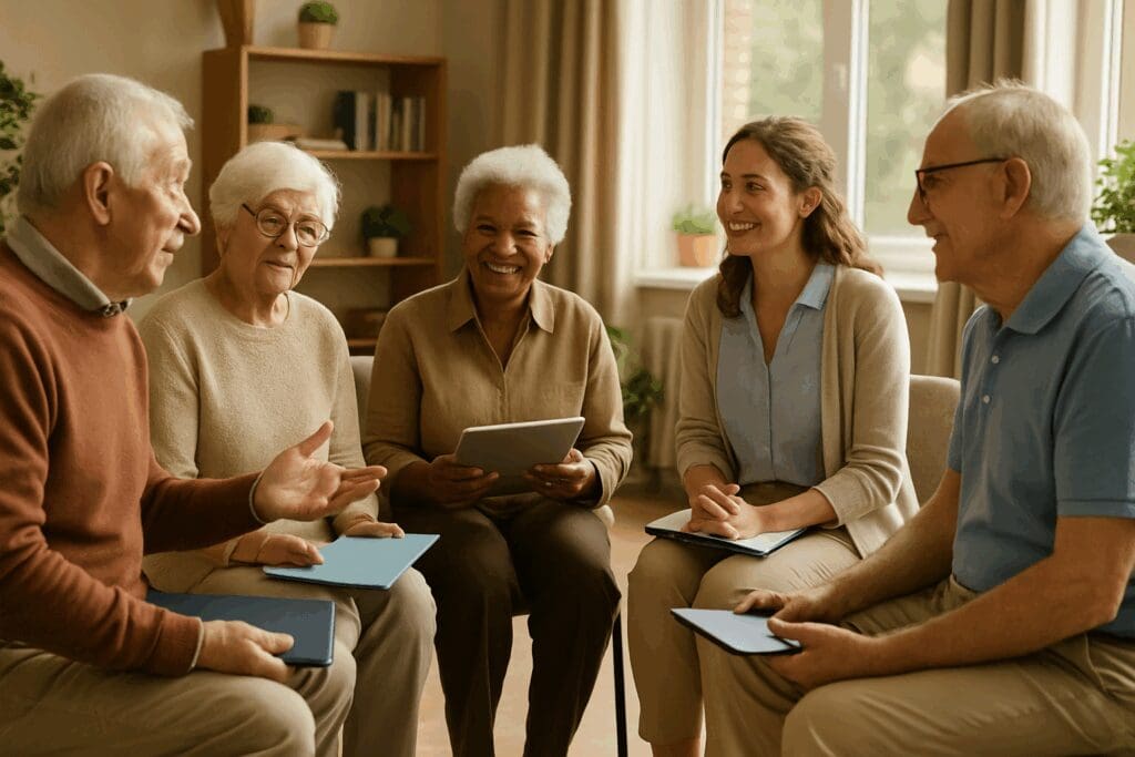 Seniors participating in a support group discussion with a healthcare advisor, sharing experiences related to Florida Medicare Part B.