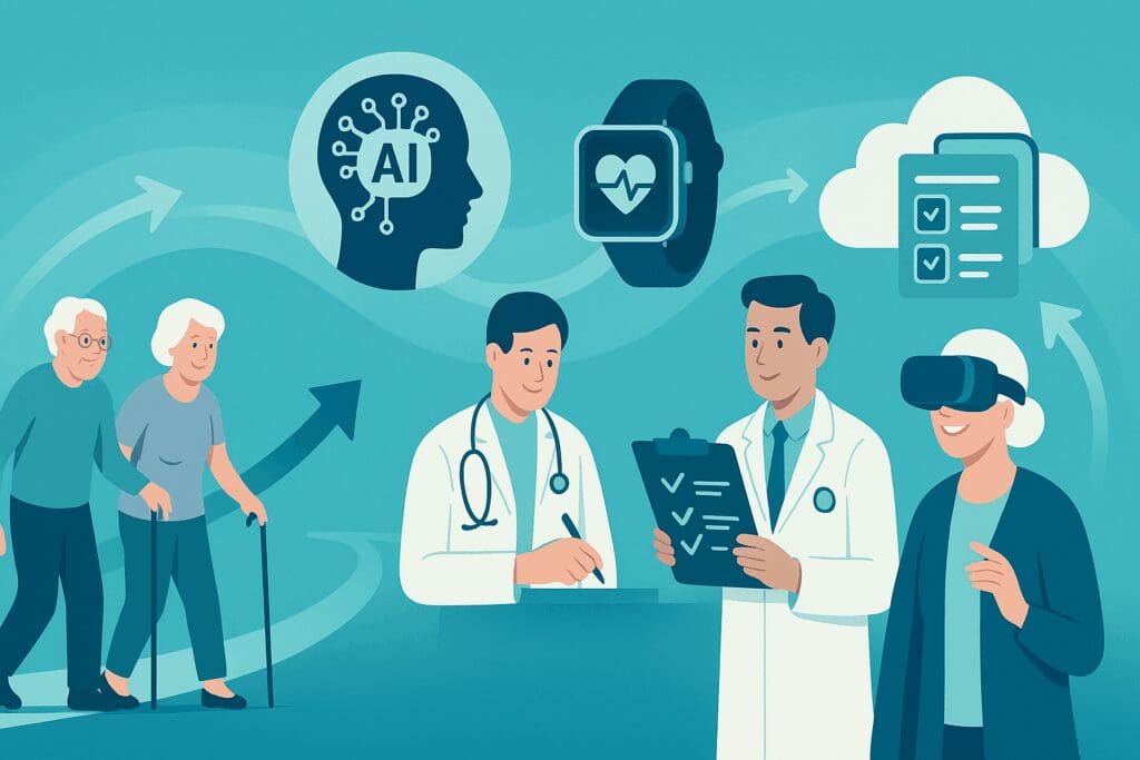 Infographic showing seniors transitioning from traditional care to tech-enabled services like AI, wearables, and digital records under Florida Medicare Part B.