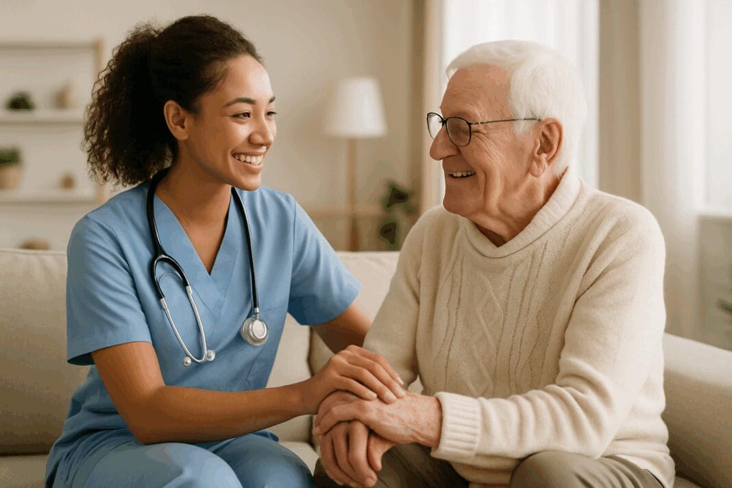Smiling healthcare professional assisting a senior man at home, illustrating support and compassion while exploring does medicare cover caregivers at home.