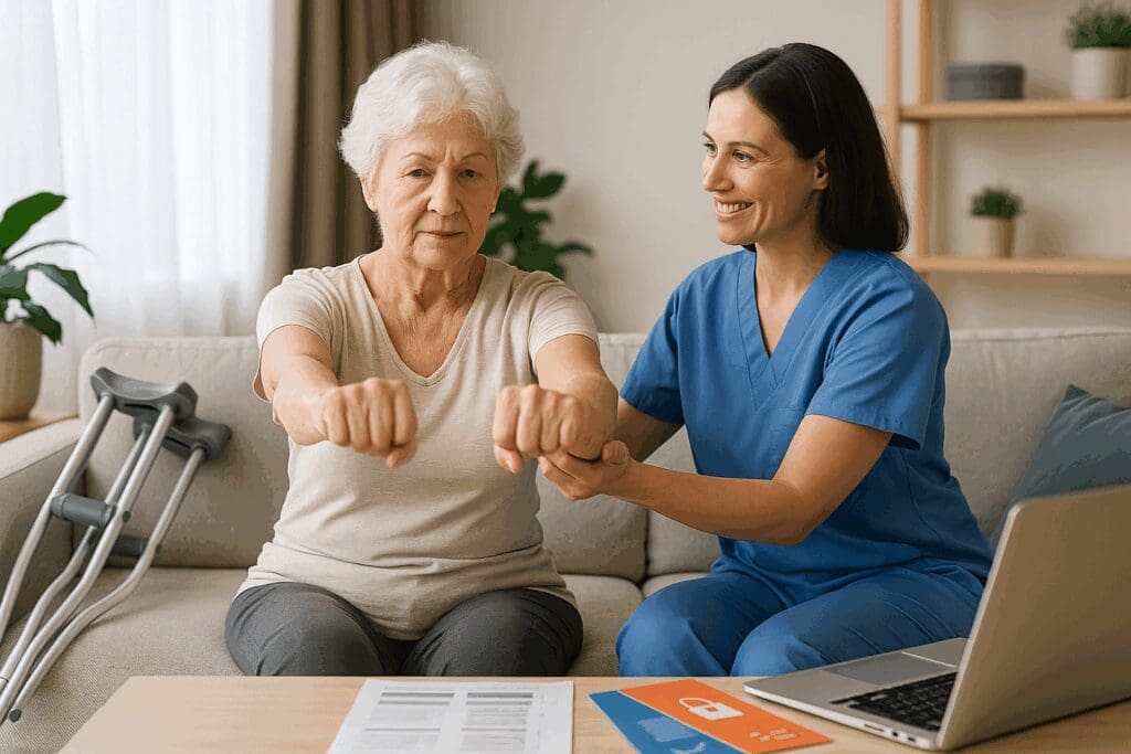 Senior woman performing physical therapy exercises with help from a caregiver at home, illustrating the question does Medicare cover caregivers at home.