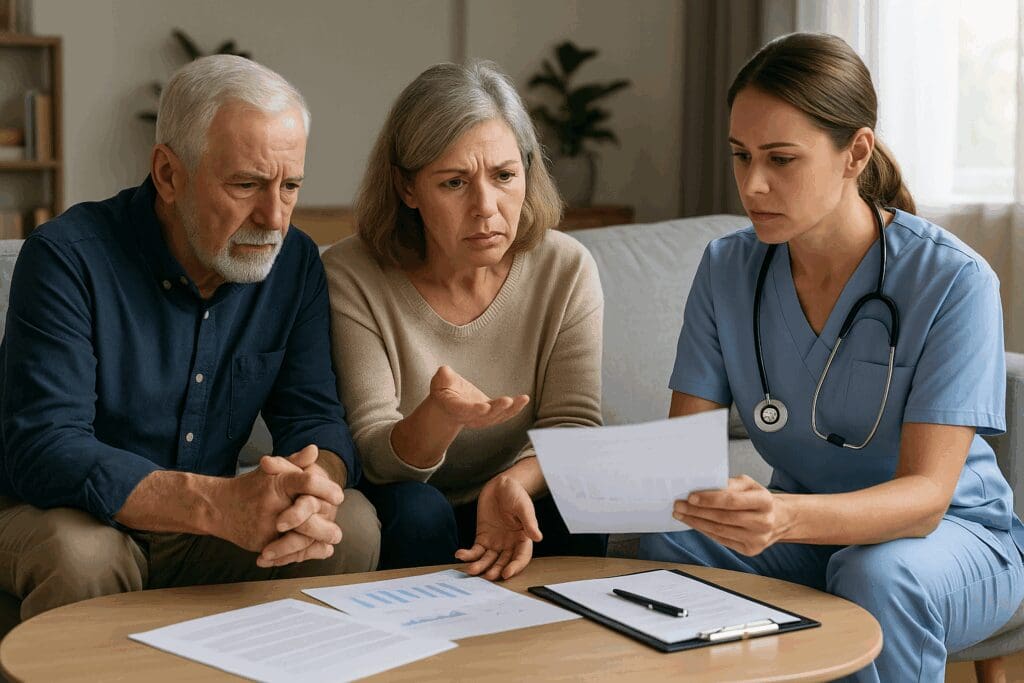 Concerned senior couple discussing healthcare documents with a professional at home, evaluating does Medicare cover caregivers at home.