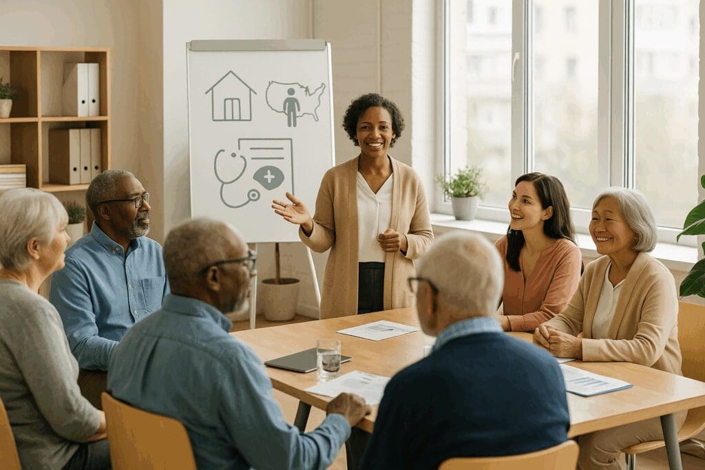 Community seminar where seniors learn from an advisor about Medicare options, addressing questions like does Medicare cover caregivers at home.