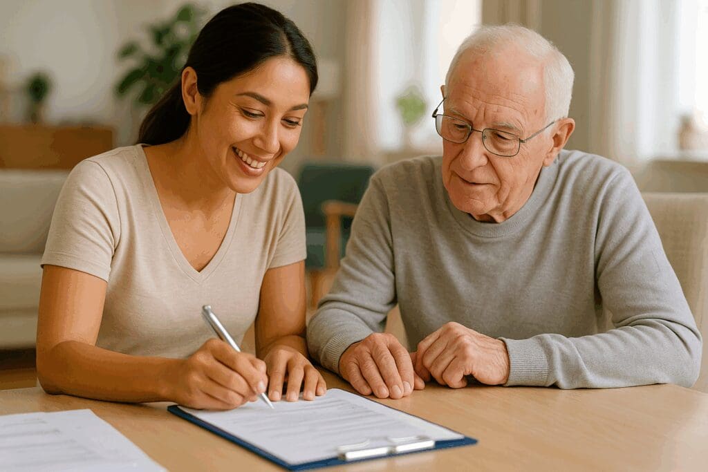 Senior man receiving help from a caregiver filling out healthcare forms at home, illustrating does Medicare cover caregivers at home.