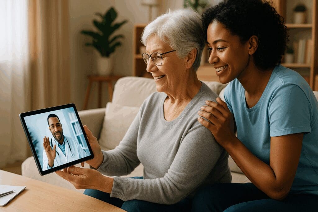 Senior woman having a virtual telehealth consultation at home with caregiver support, representing the question does Medicare cover caregivers at home.