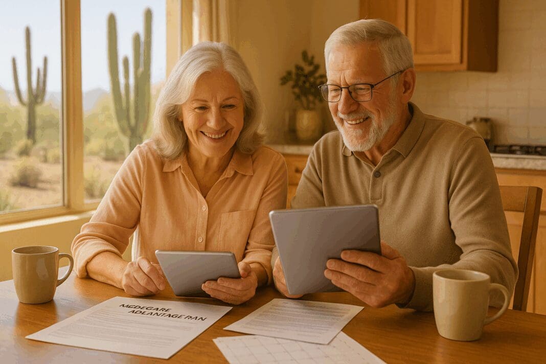 Smiling senior couple in an Arizona kitchen reviewing Medicare Advantage Plans Arizona 2024 on tablets with paperwork and desert cacti visible.