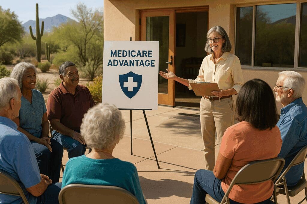 Senior community in Arizona attending an outdoor seminar on Medicare Advantage Plans Arizona 2024 with a speaker and visual aid.