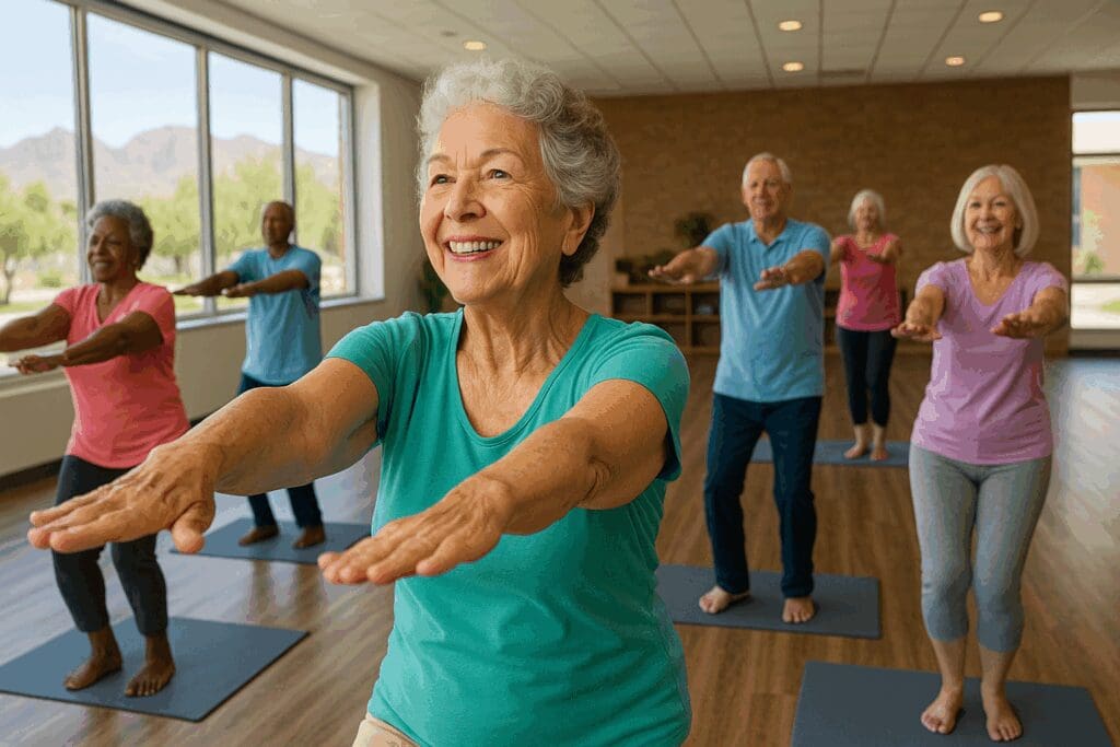 Senior woman leading a group yoga class in an Arizona community center, promoting wellness under Medicare Advantage Plans Arizona 2024.