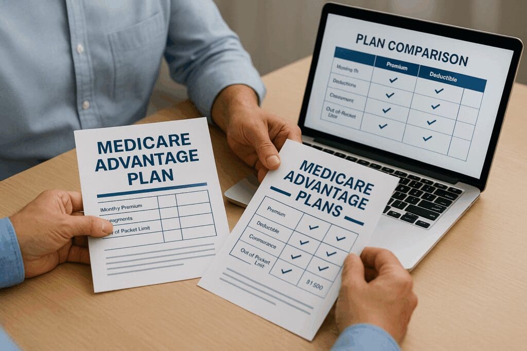 Hands comparing Medicare Advantage Plans Arizona 2024 brochures and laptop chart to evaluate premiums and coverage options.