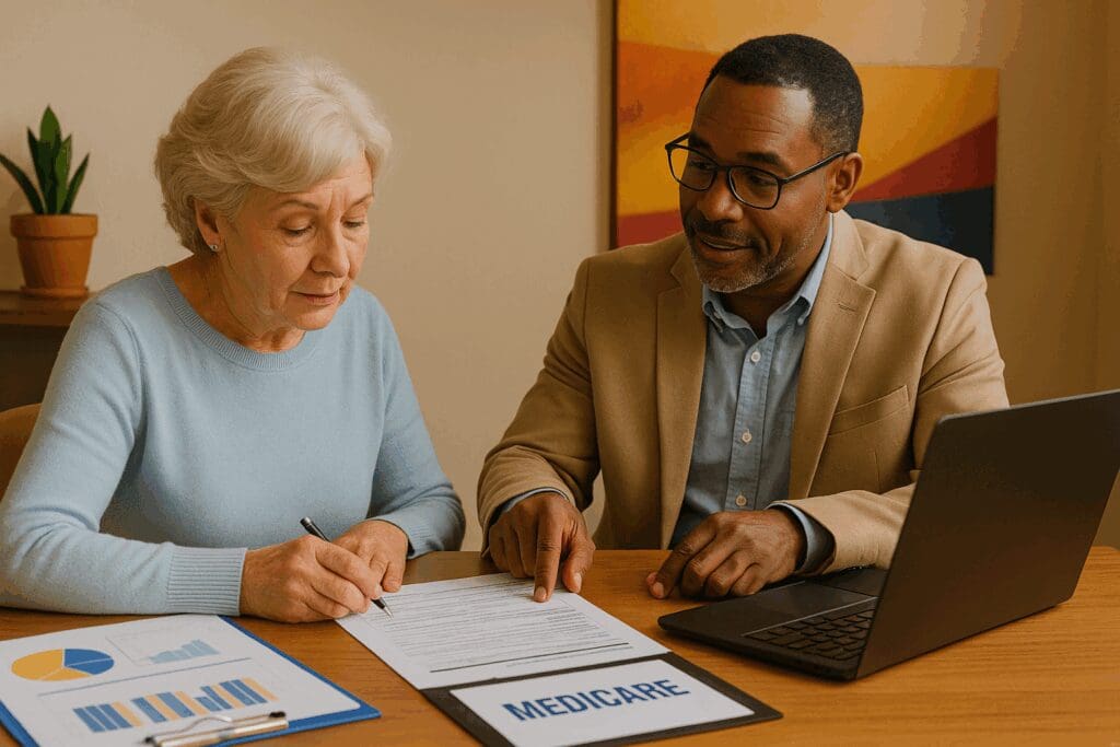 Medicare counselor assisting senior woman with enrollment paperwork for Medicare Advantage Plans Arizona 2024 at a desk with charts and laptop