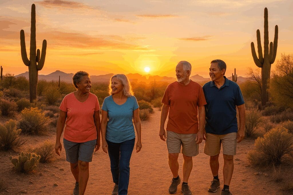 Seniors walking on a desert trail at sunset in Arizona, promoting active lifestyles supported by Medicare Advantage Plans Arizona 2024.