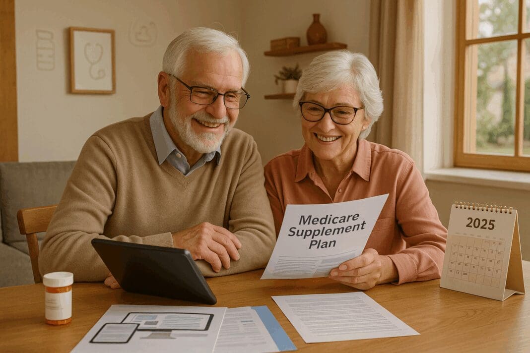 Smiling senior couple at home in Iowa reviewing medicare supplement plans iowa with a tablet, documents, and a 2025 calendar on the table.
