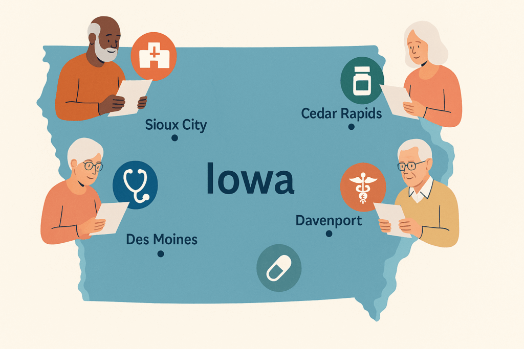 Map of Iowa showing cities and seniors reviewing medicare supplement plans Iowa with icons for hospital, doctor, and prescriptions.