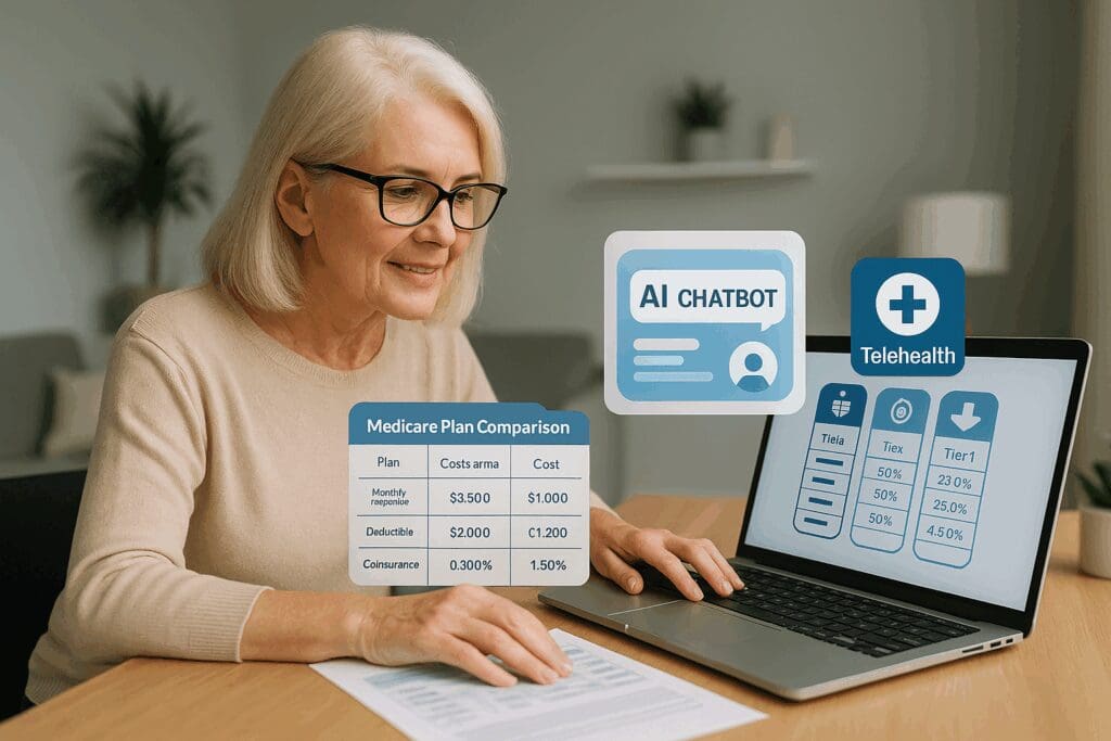 Senior woman compares medicare supplement plans Iowa using laptop tools like AI chatbot, telehealth app, and plan comparison chart.