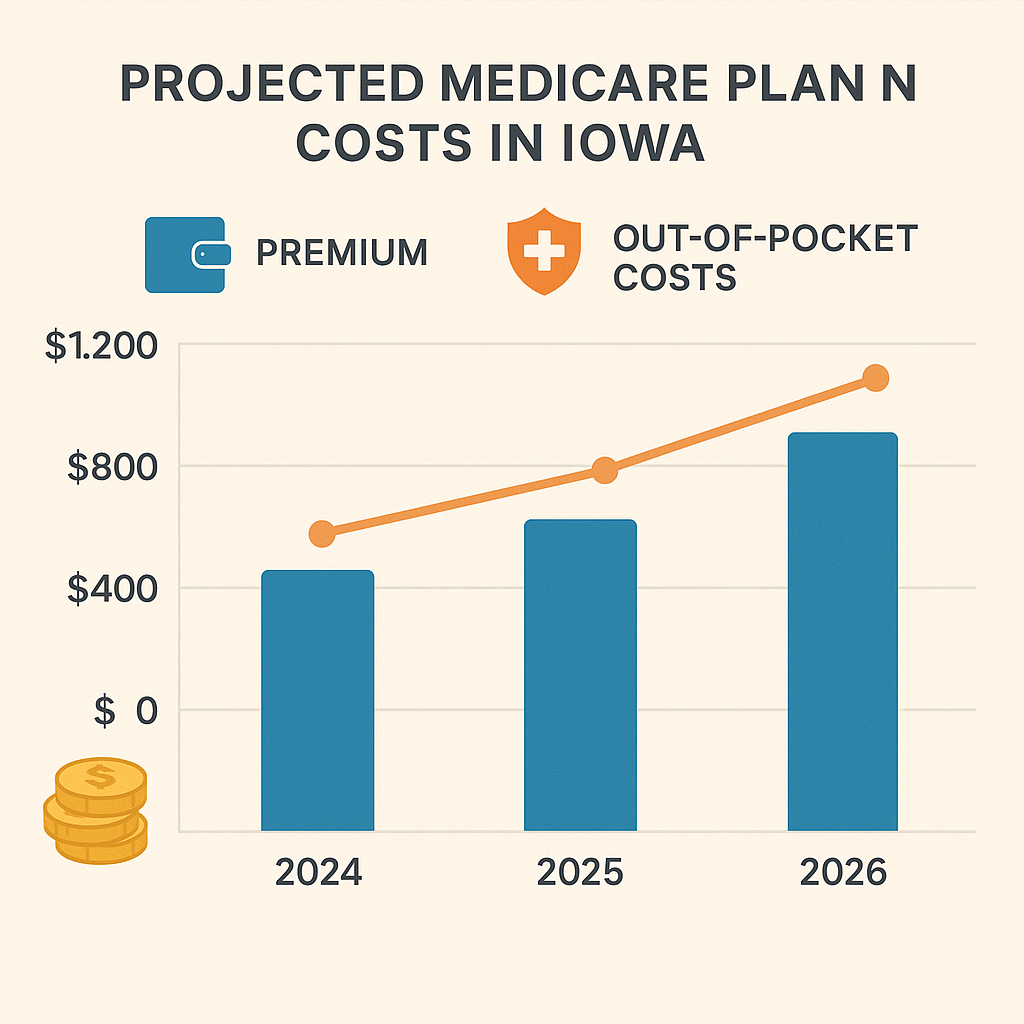Infographic showing projected premium and out-of-pocket costs for Medicare Plan N under medicare supplement plans Iowa from 2024 to 2026